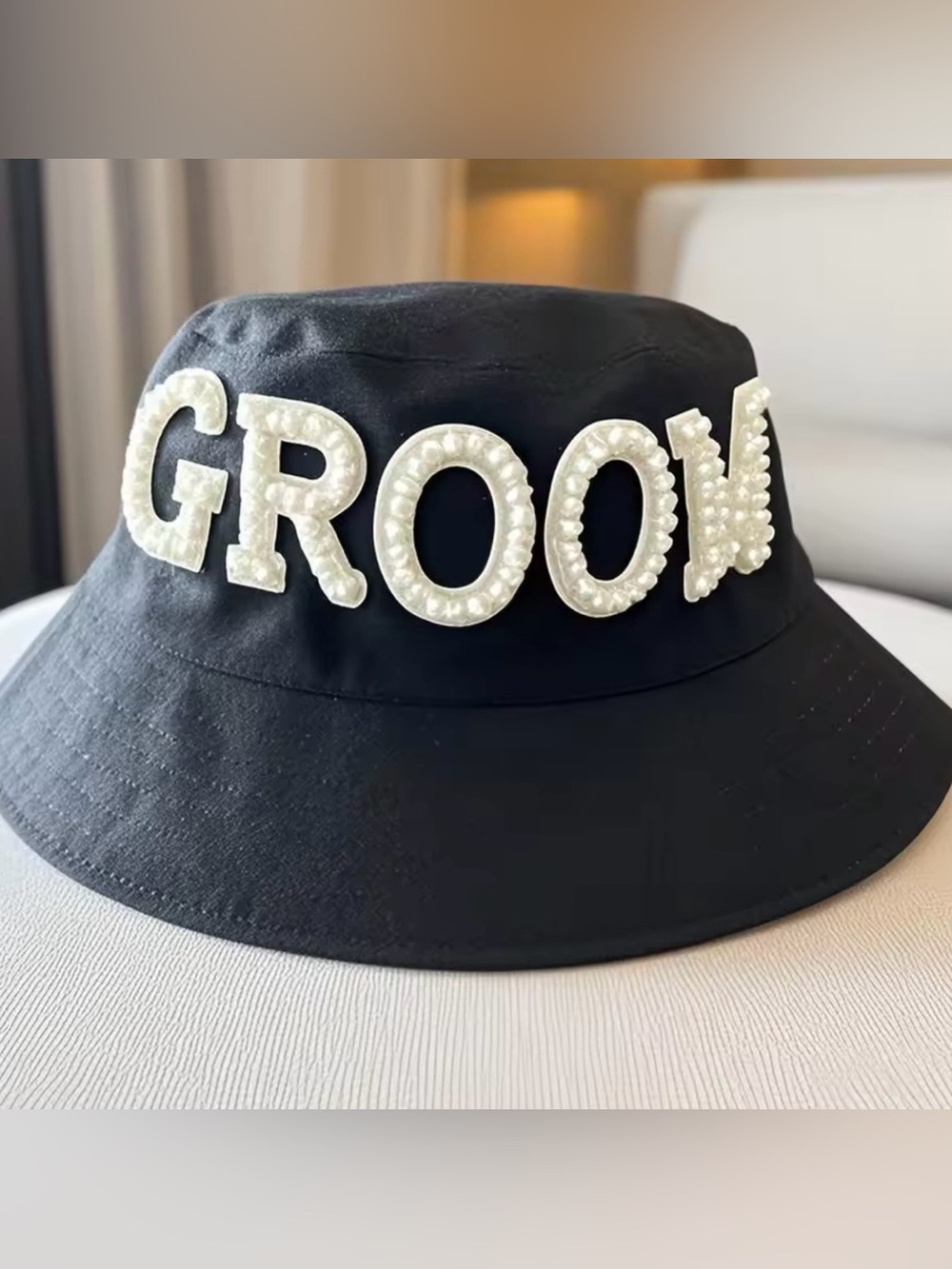 Macy's Kids Black Bucket Hat with Pearl 'GROOM' Letters